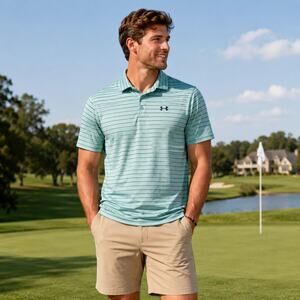 Under Armour The Playoff Polo Shirt Men's Large Mint Green Striped Golf Stretch